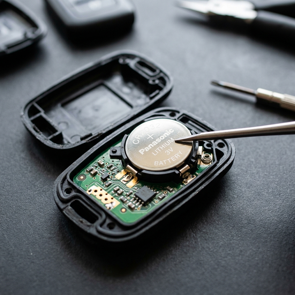 Opened black car key fob showing circuit board and Panasonic CR2032 lithium battery being removed with a metal tool. (Representative image for illustration purposes only. Actual vehicle may vary based on trim and configuration.)