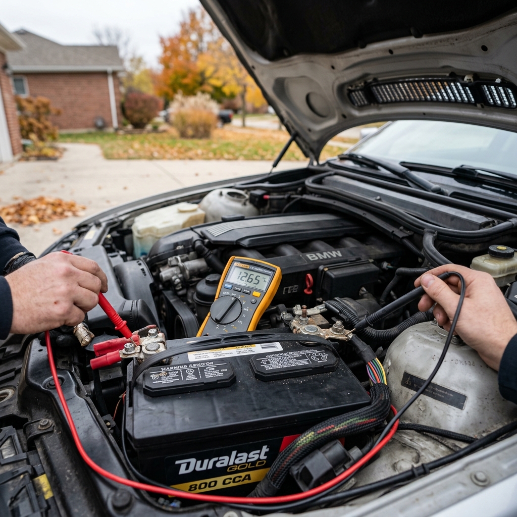 Hands holding multimeter probes to a Duralast car battery inside a BMW engine bay to measure voltage. (Representative image for illustration purposes only. Actual vehicle may vary based on trim and configuration.)
