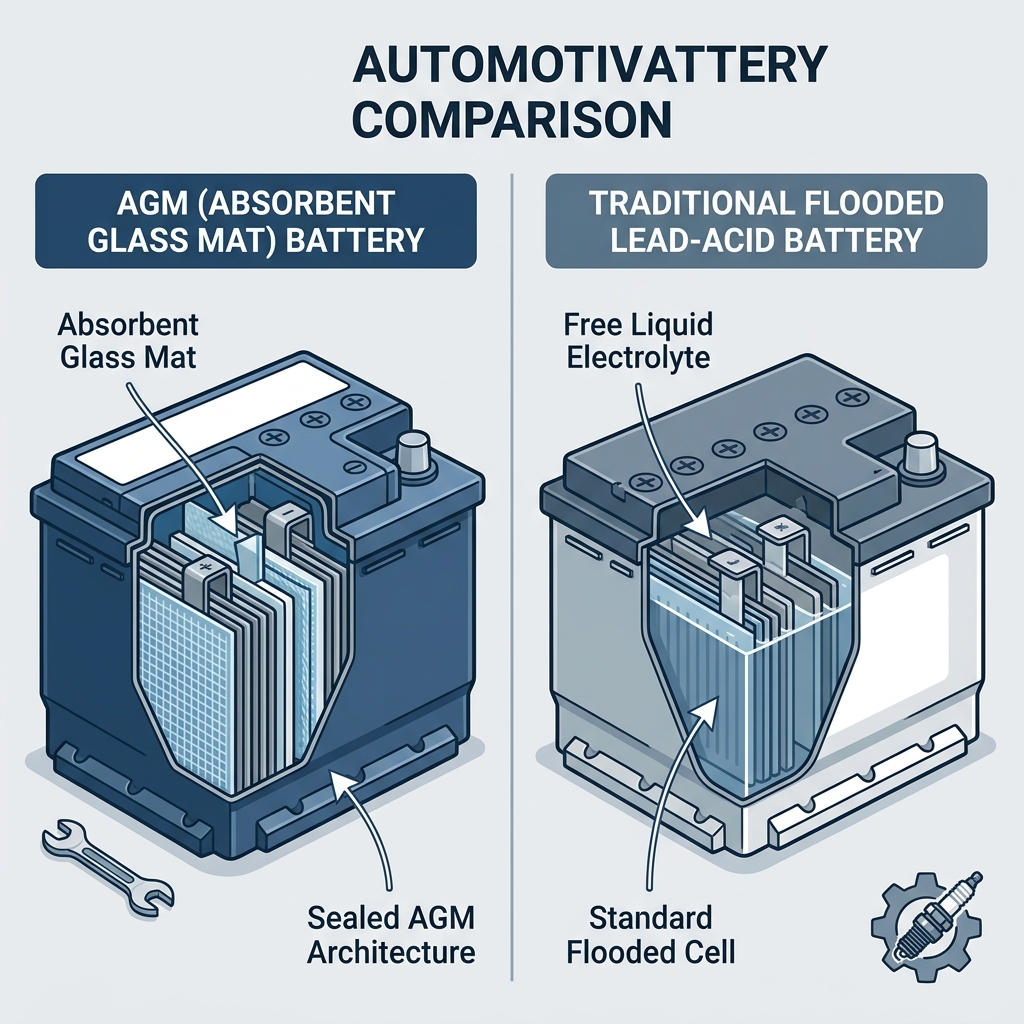 Diagram comparing internal components of an AGM battery and a traditional flooded lead-acid battery. (Representative image for illustration purposes only. Actual vehicle may vary based on trim and configuration.)