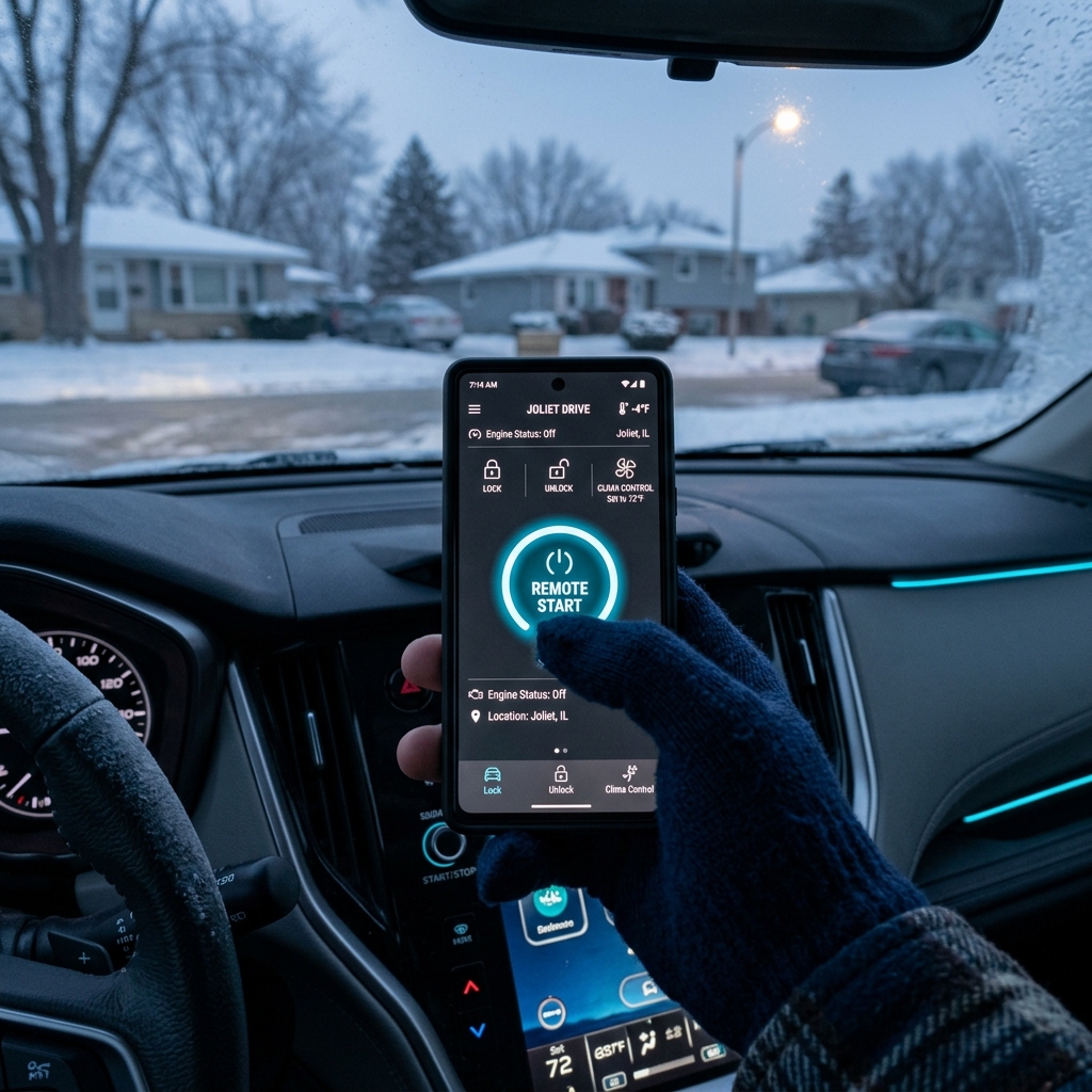 Gloved hand holding a smartphone displaying a remote start car app inside a cold vehicle on a snowy day. (Representative image for illustration purposes only. Actual vehicle may vary based on trim and configuration.)
