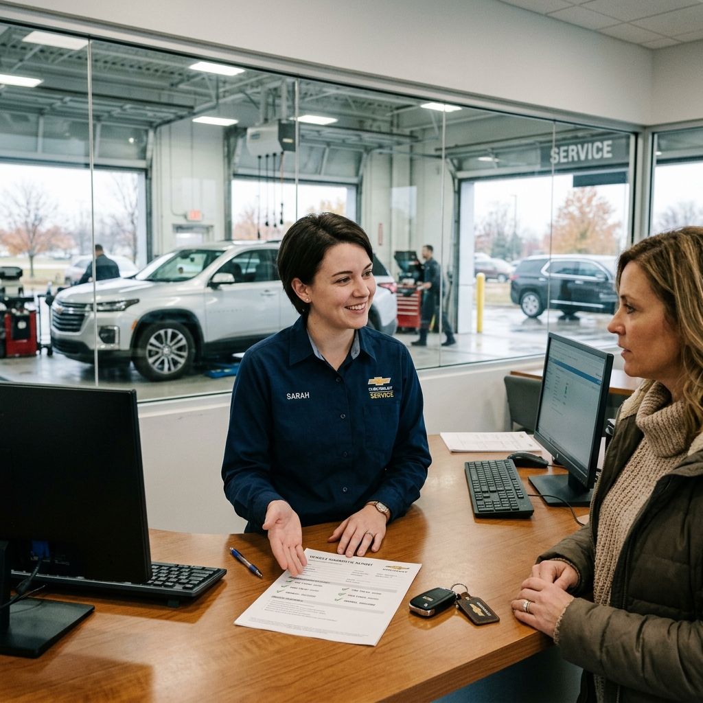 Service advisor Sarah discussing a vehicle diagnostic report with a customer at a car dealership service counter. (Representative image for illustration purposes only. Actual vehicle may vary based on trim and configuration.)