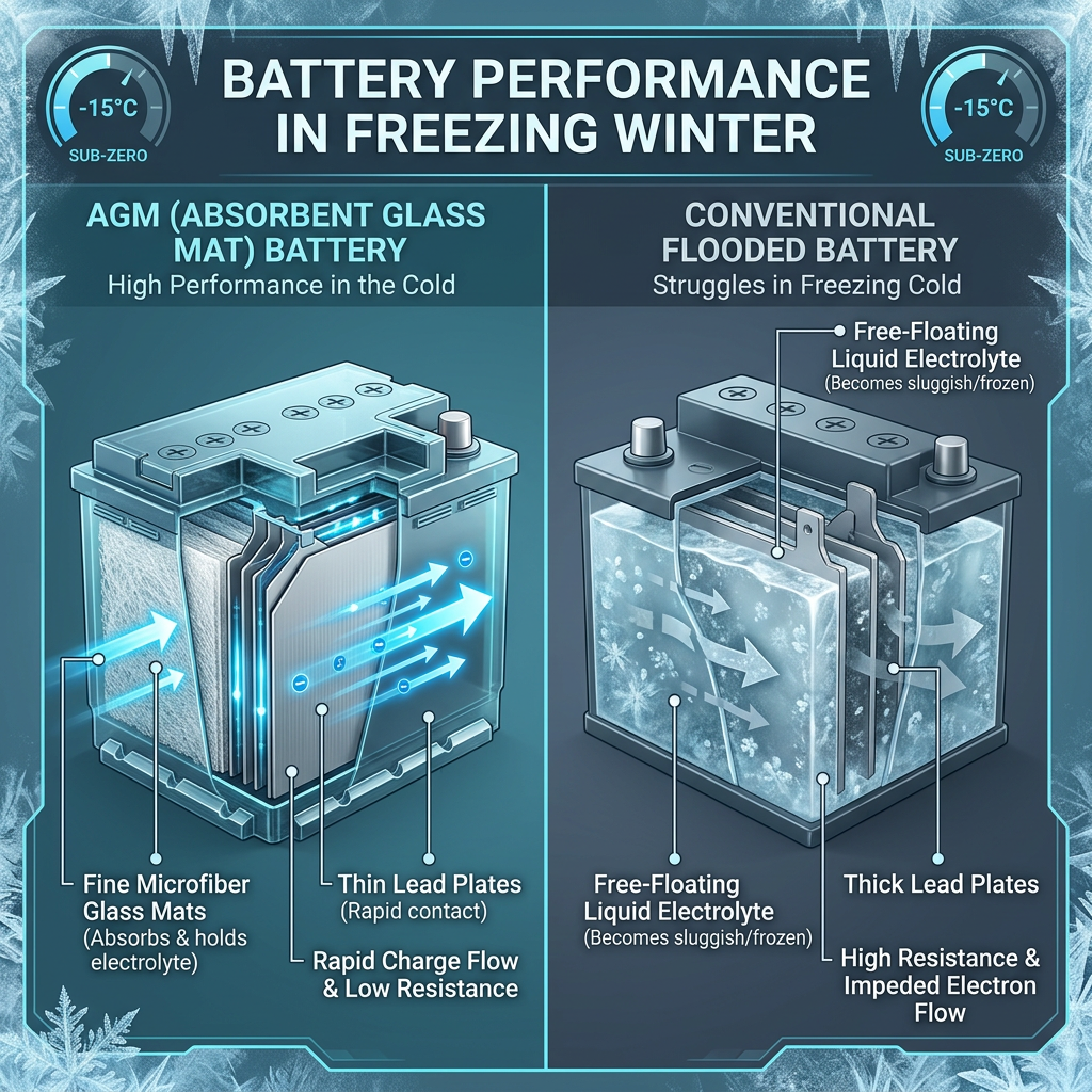 Infographic comparing AGM battery and conventional flooded battery performance in freezing sub-zero winter temperatures. (Representative image for illustration purposes only. Actual vehicle may vary based on trim and configuration.)