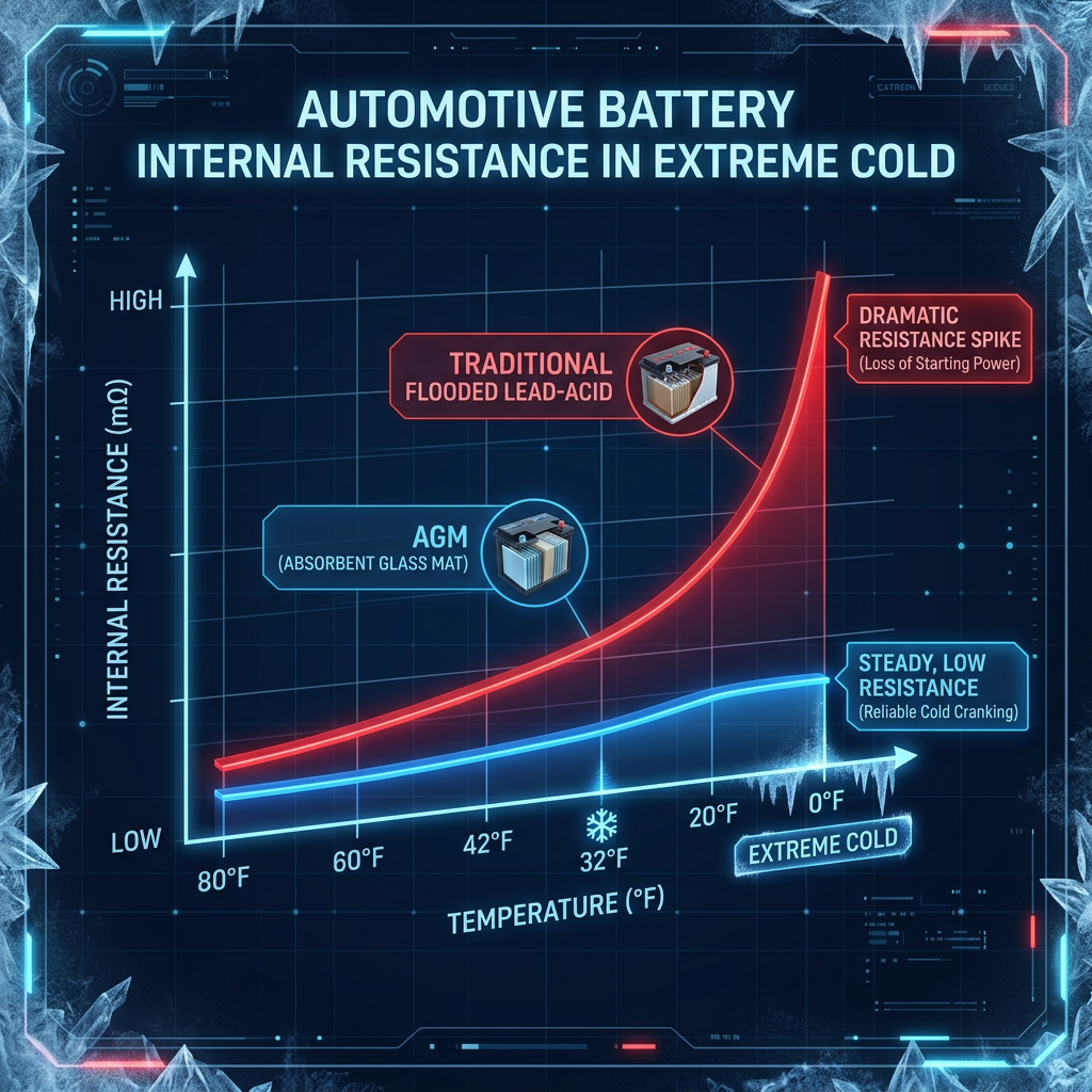 Graph comparing internal resistance of traditional lead-acid and AGM batteries in extreme cold temperatures. (Representative image for illustration purposes only. Actual vehicle may vary based on trim and configuration.)