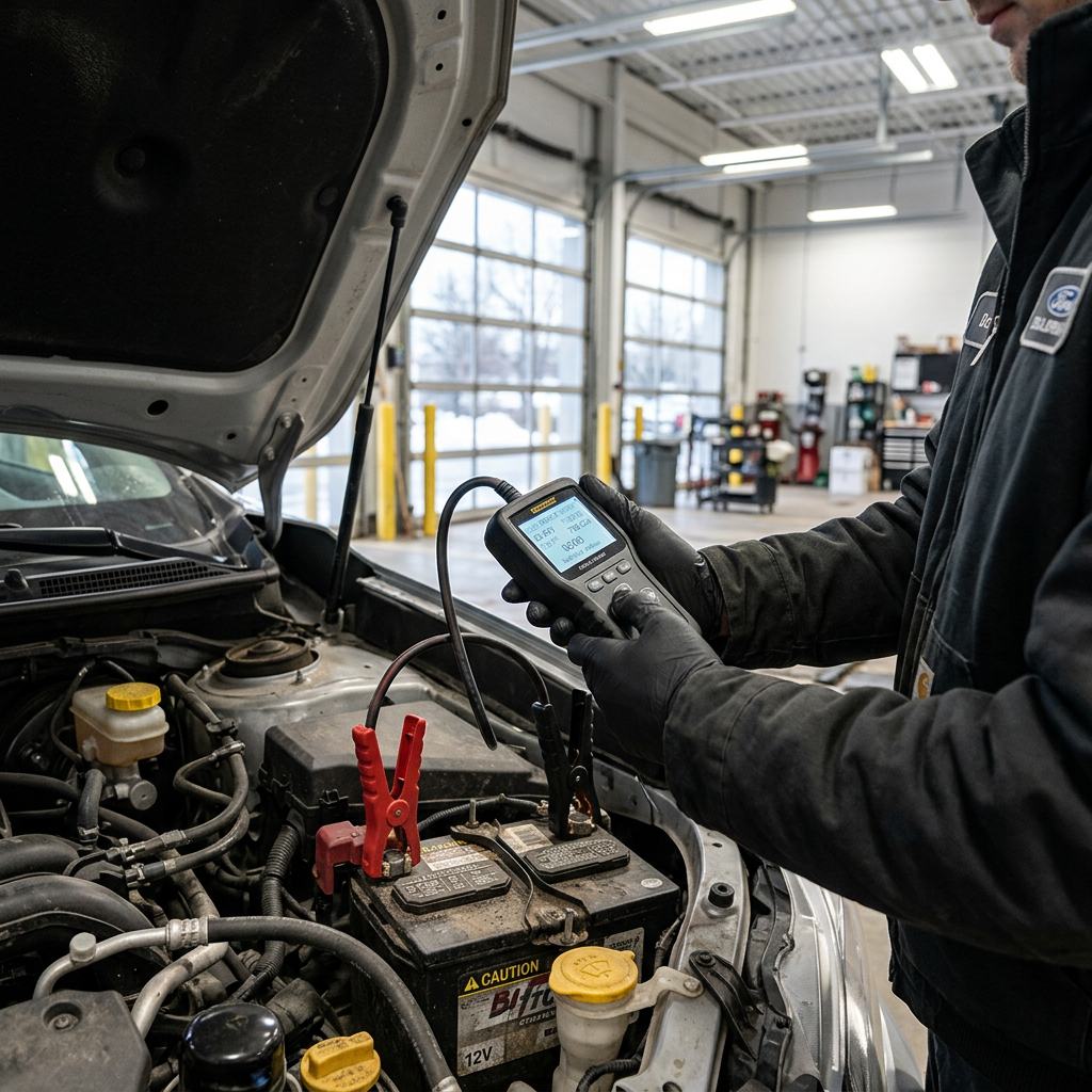 Mechanic holding a handheld diagnostic scanner connected to a 12V car battery under an open hood. (Representative image for illustration purposes only. Actual vehicle may vary based on trim and configuration.)