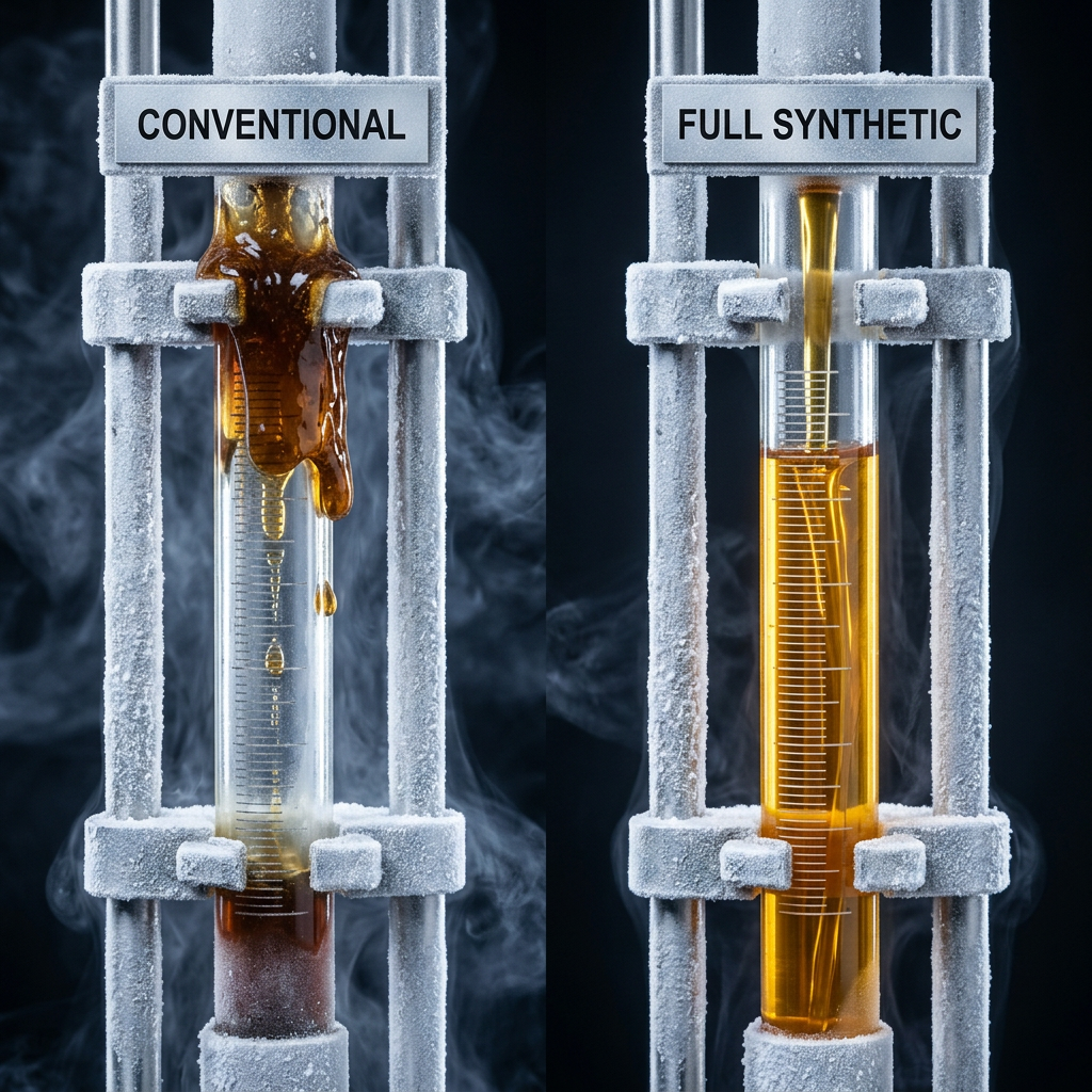 Side-by-side cold test comparing thick, sludge-like conventional oil with smooth, free-flowing full synthetic oil. (Representative image for illustration purposes only. Actual vehicle may vary based on trim and configuration.)