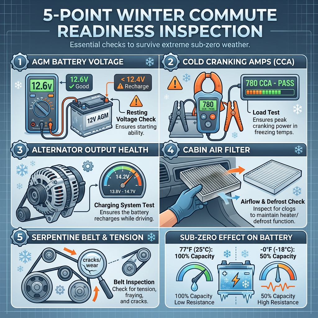 Infographic showing a 5-point winter commute readiness inspection covering battery, alternator, cabin filter, and belt. (Representative image for illustration purposes only. Actual vehicle may vary based on trim and configuration.)