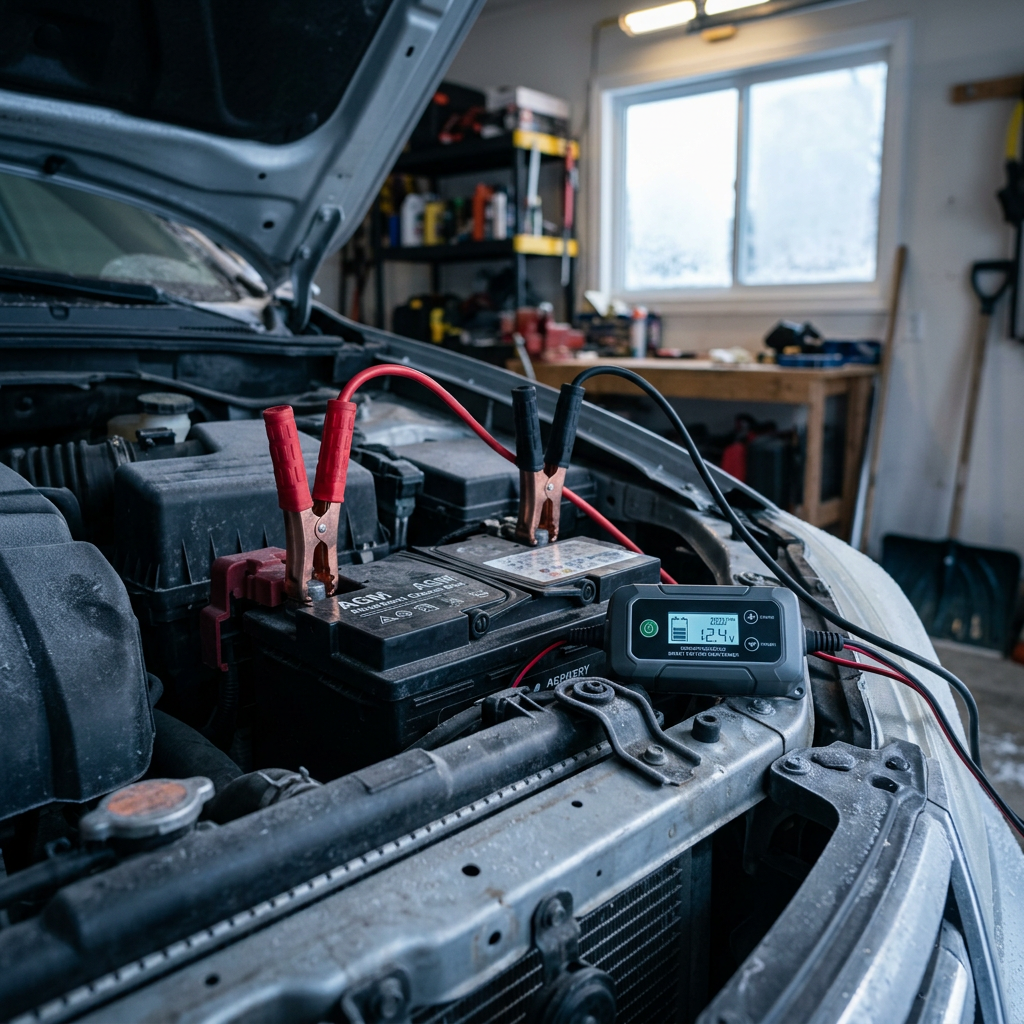 A digital smart battery charger connected with red and black clamps to a car battery in an engine bay. (Representative image for illustration purposes only. Actual vehicle may vary based on trim and configuration.)