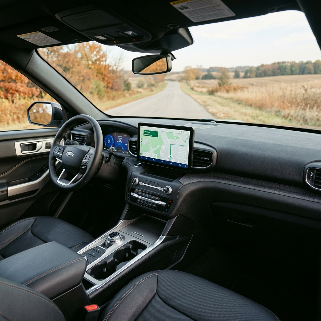 Interior view of a Ford SUV dashboard featuring a digital touchscreen navigation system on a scenic country road. (Representative image for illustration purposes only. Actual vehicle may vary based on trim and configuration.)