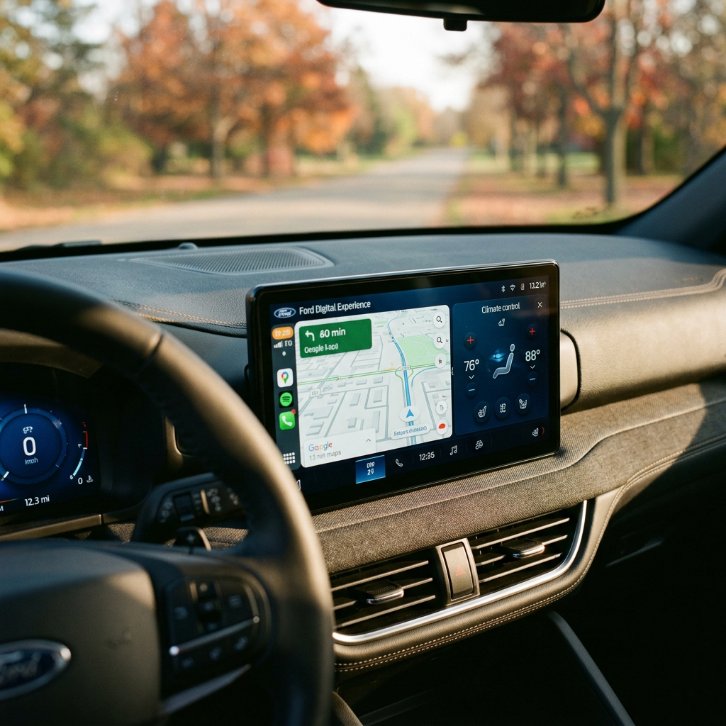 Interior view of a Ford car dashboard featuring a central touchscreen display with map navigation. (Representative image for illustration purposes only. Actual vehicle may vary based on trim and configuration.)