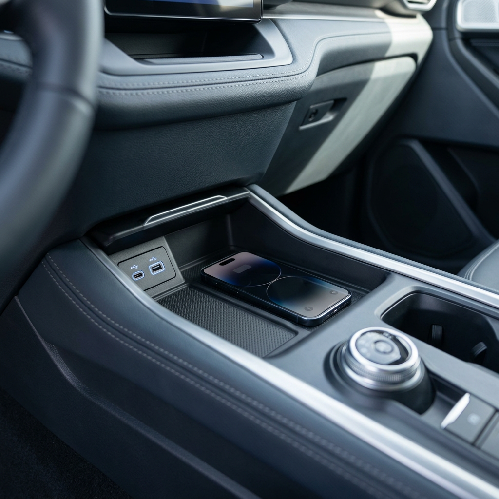 A smartphone resting on a wireless charging pad in a car's center console next to USB ports and a rotary shifter. (Representative image for illustration purposes only. Actual vehicle may vary based on trim and configuration.)