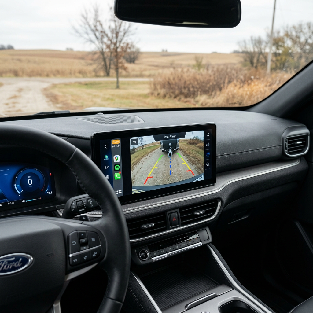 Dashboard of a Ford vehicle displaying a rear-view camera feed with trailer hitch alignment lines on the central screen. (Representative image for illustration purposes only. Actual vehicle may vary based on trim and configuration.)