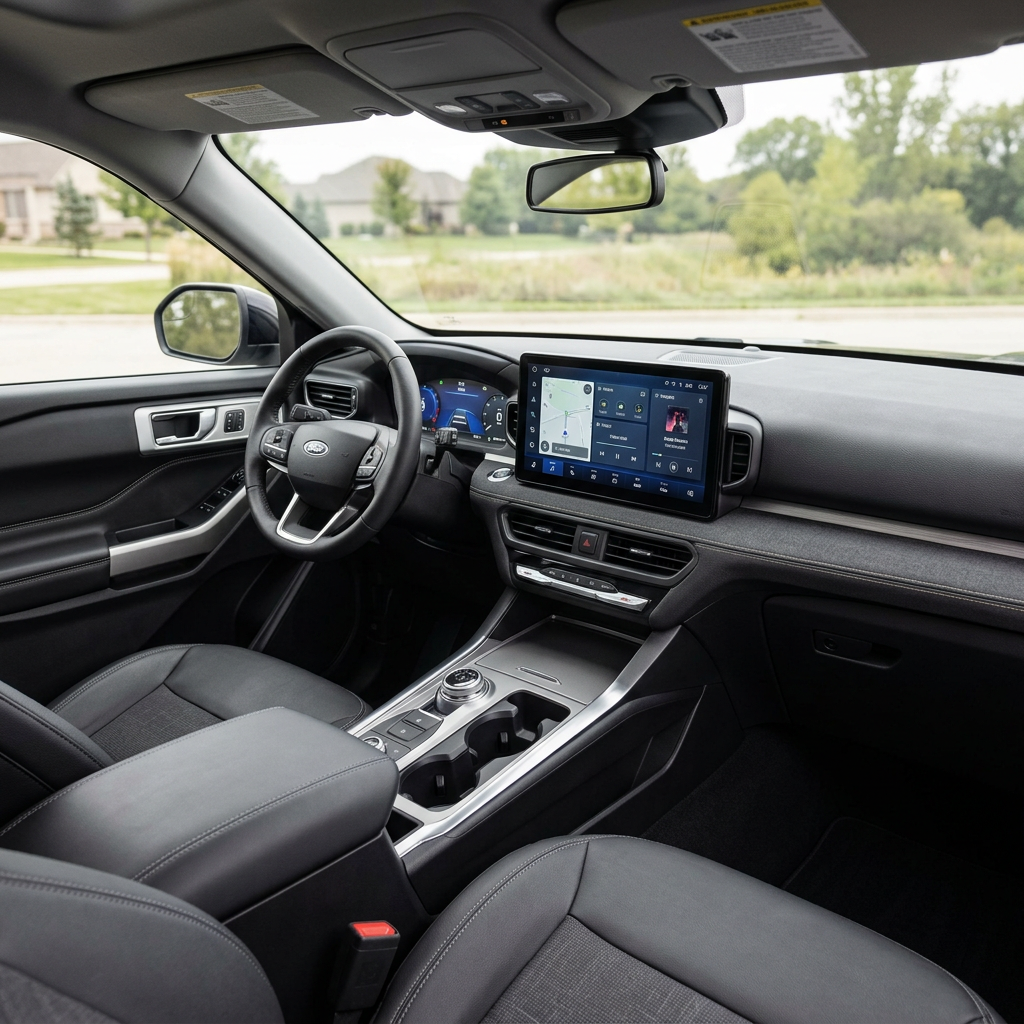Modern SUV interior showing dark leather seats, digital dashboard, steering wheel, and wide central infotainment screen. (Representative image for illustration purposes only. Actual vehicle may vary based on trim and configuration.)