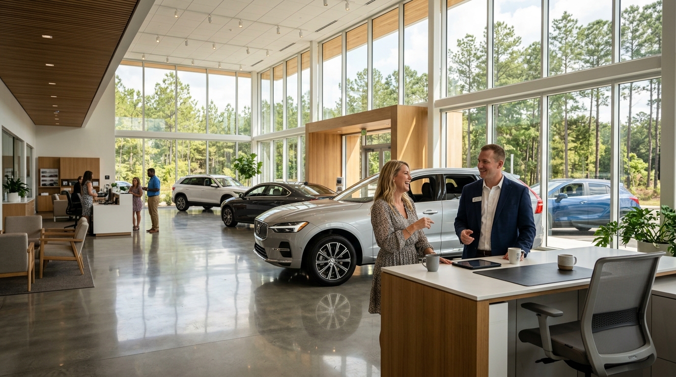 A car salesperson talks with a smiling woman inside a spacious, sunlit dealership near a silver Volvo SUV. (Representative image for illustration purposes only. Actual vehicle may vary based on trim and configuration.)