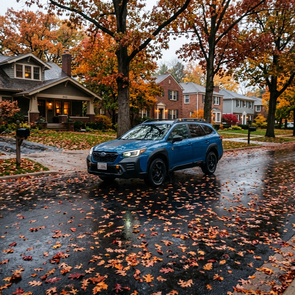 A blue Subaru SUV parked on a wet suburban street scattered with colorful autumn leaves under fall trees. (Representative image for illustration purposes only. Actual vehicle may vary based on trim and configuration.)