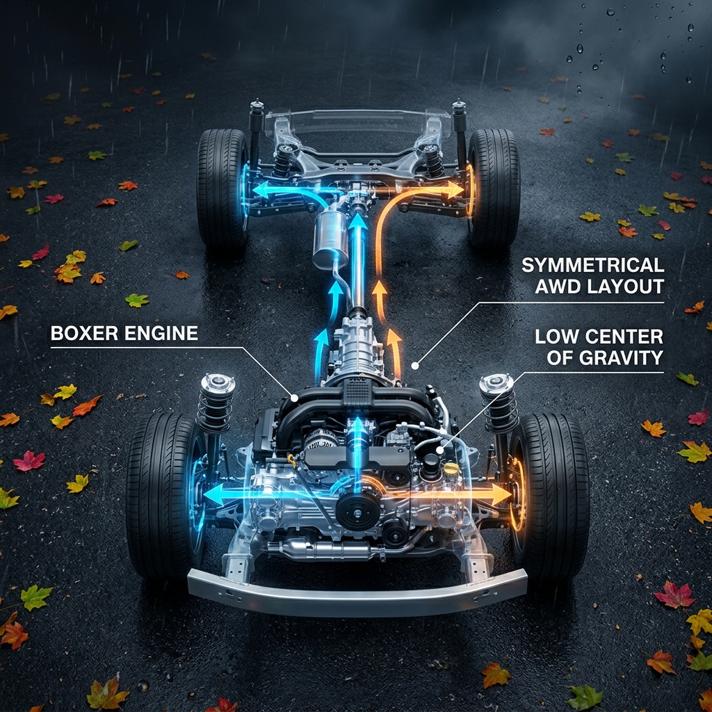 X-ray diagram of a Subaru Symmetrical AWD chassis and Boxer engine showing power distribution to all four wheels. (Representative image for illustration purposes only. Actual vehicle may vary based on trim and configuration.)