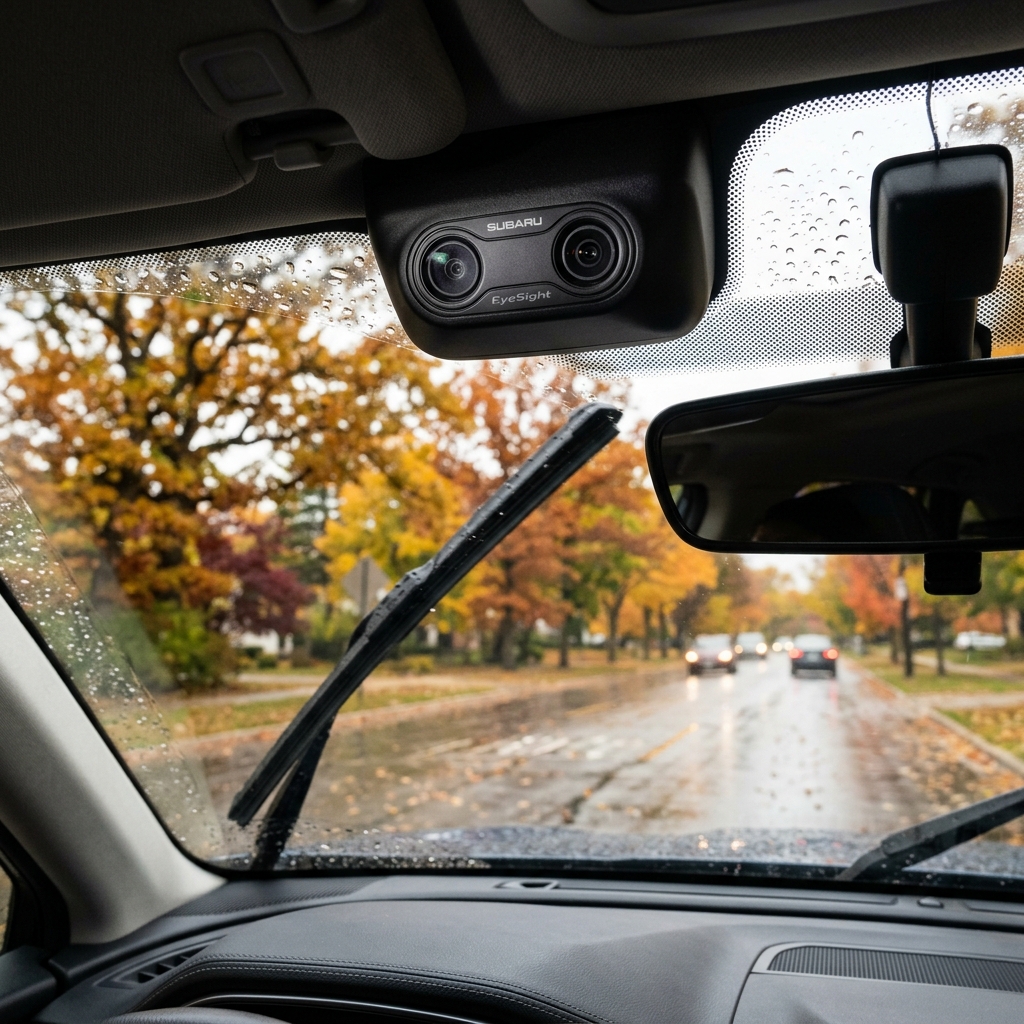 Interior view of a car windshield featuring a Subaru EyeSight dual-camera system on a rainy autumn day. (Representative image for illustration purposes only. Actual vehicle may vary based on trim and configuration.)