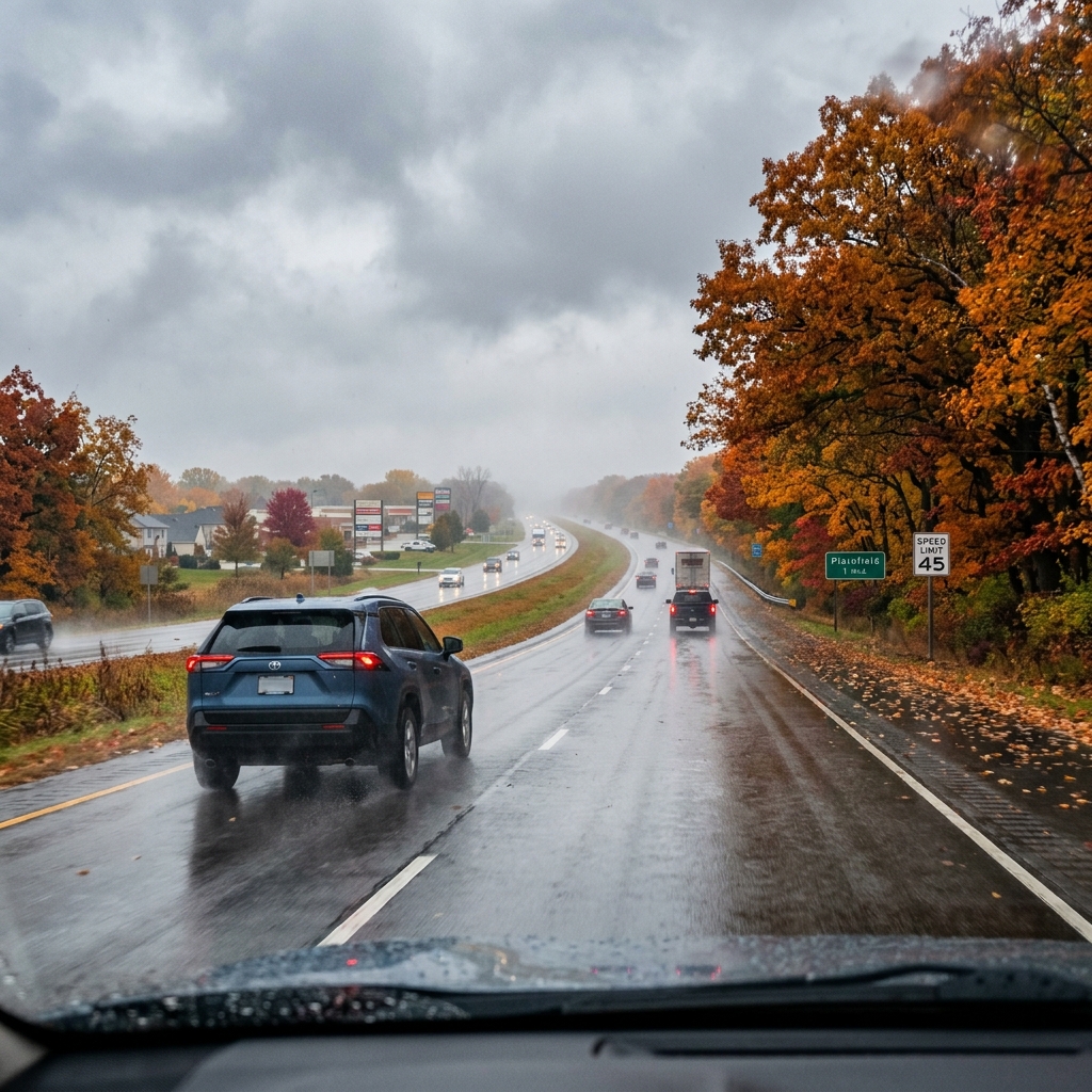 A blue SUV driving on a wet highway flanked by colorful autumn trees under a cloudy, overcast sky. (Representative image for illustration purposes only. Actual vehicle may vary based on trim and configuration.)