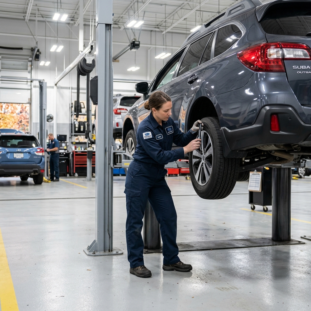 A female technician inspects the tire of a dark grey Subaru Outback elevated on a service lift in an auto shop. (Representative image for illustration purposes only. Actual vehicle may vary based on trim and configuration.)