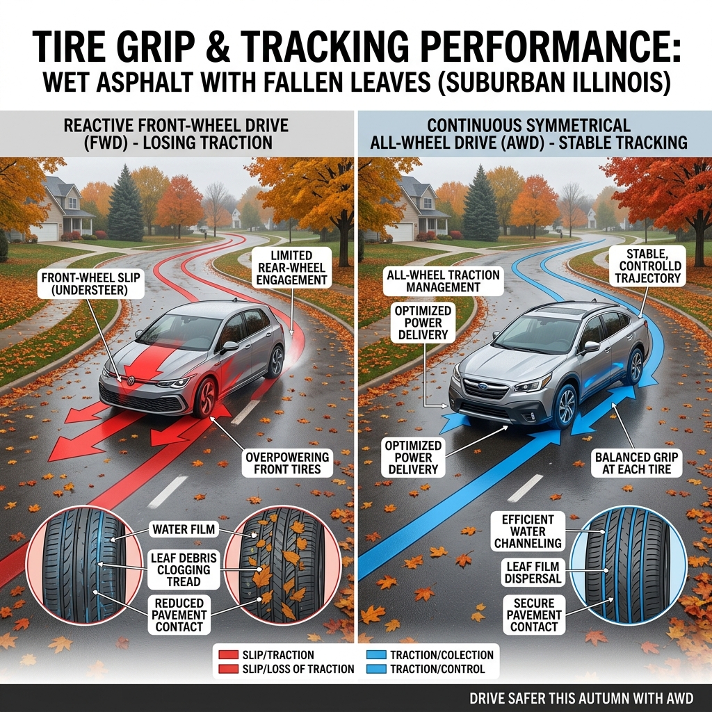 Comparison diagram showing FWD losing traction versus AWD maintaining stable tracking on wet leaf-covered roads. (Representative image for illustration purposes only. Actual vehicle may vary based on trim and configuration.)