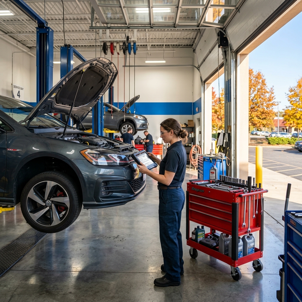 Female mechanic using a diagnostic tablet while inspecting a car on a hydraulic lift in an auto repair shop. (Representative image for illustration purposes only. Actual vehicle may vary based on trim and configuration.)