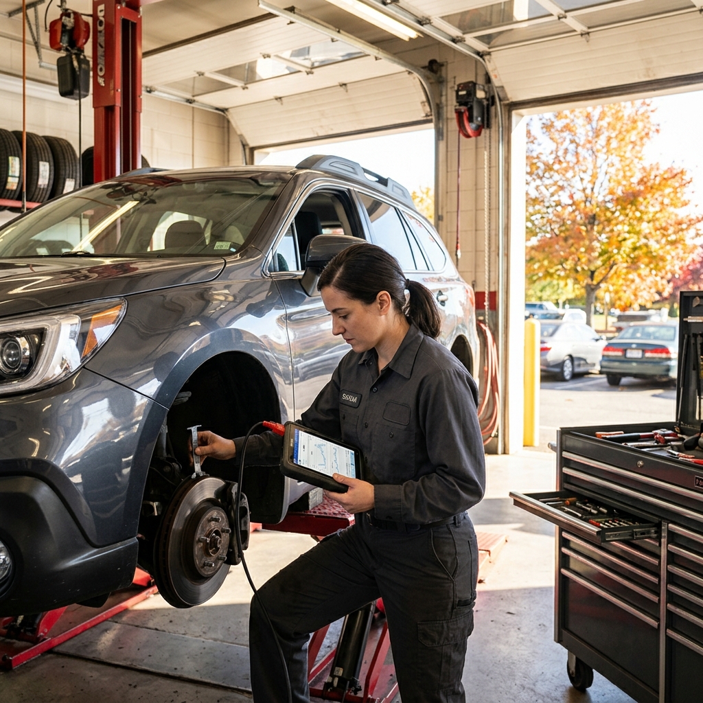 Female auto mechanic using a diagnostic tablet while inspecting the brake system of a gray SUV on a hydraulic lift. (Representative image for illustration purposes only. Actual vehicle may vary based on trim and configuration.)