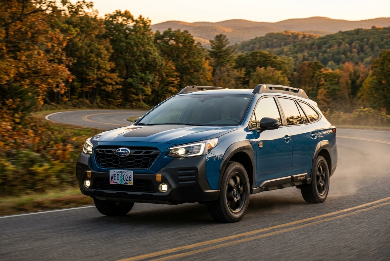 A blue Subaru Outback Wilderness driving along a winding mountain road framed by colorful autumn foliage. (Representative image for illustration purposes only. Actual vehicle may vary based on trim and configuration.)