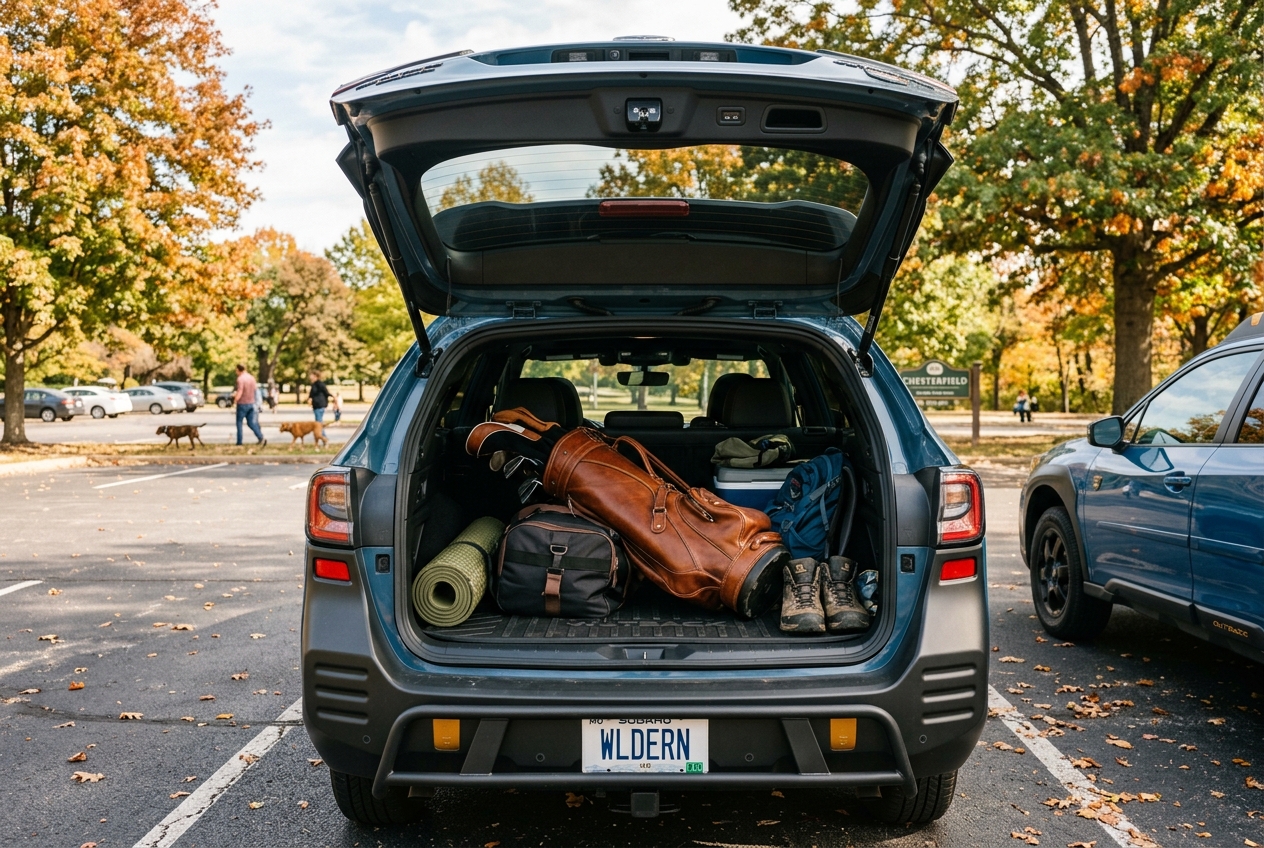 Open trunk of a blue SUV packed with a leather golf bag, hiking boots, duffel bag, and camping gear in an autumn park. (Representative image for illustration purposes only. Actual vehicle may vary based on trim and configuration.)