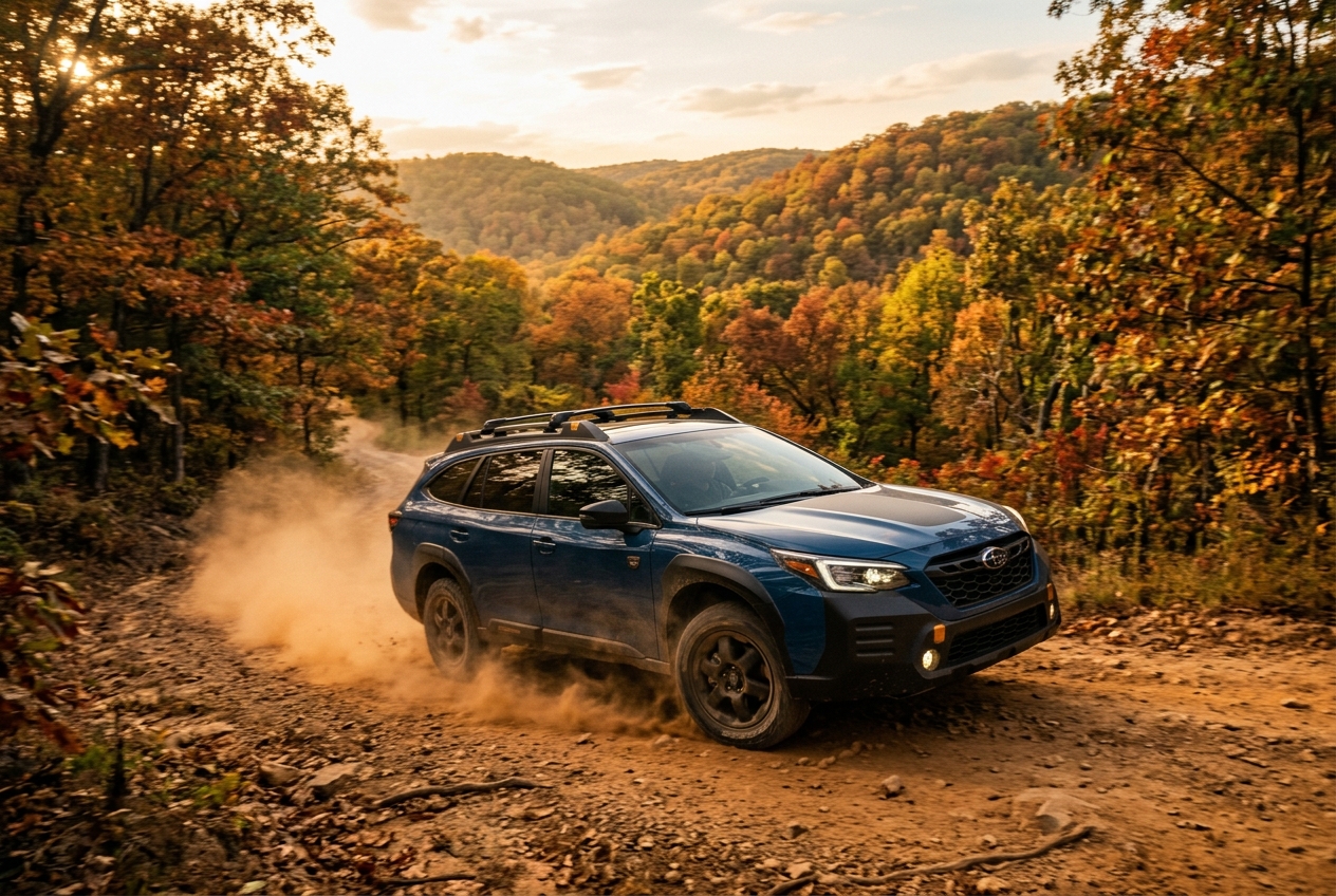Blue Subaru Outback driving along a dusty dirt road through a vibrant autumn forest with colorful trees. (Representative image for illustration purposes only. Actual vehicle may vary based on trim and configuration.)