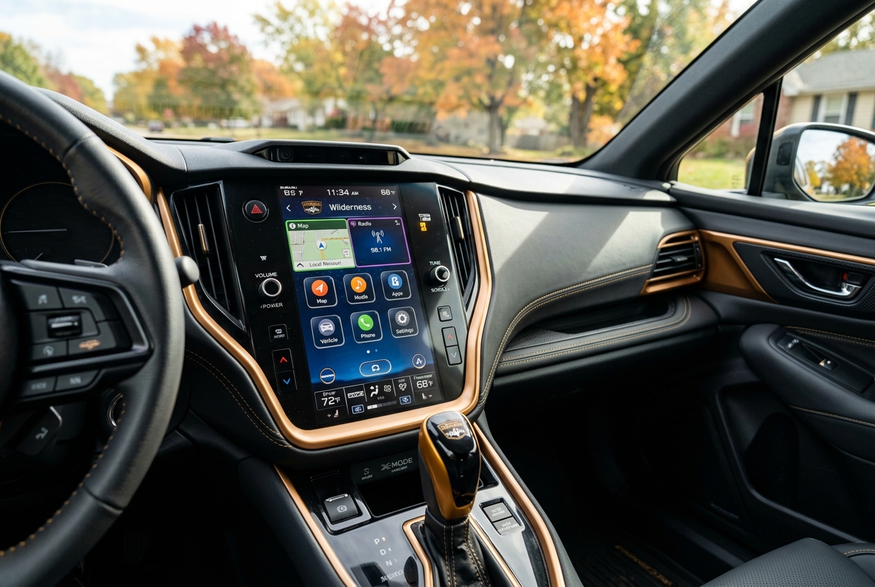 Interior of a Subaru Wilderness model with a large vertical touchscreen console and copper-accented trim. (Representative image for illustration purposes only. Actual vehicle may vary based on trim and configuration.)