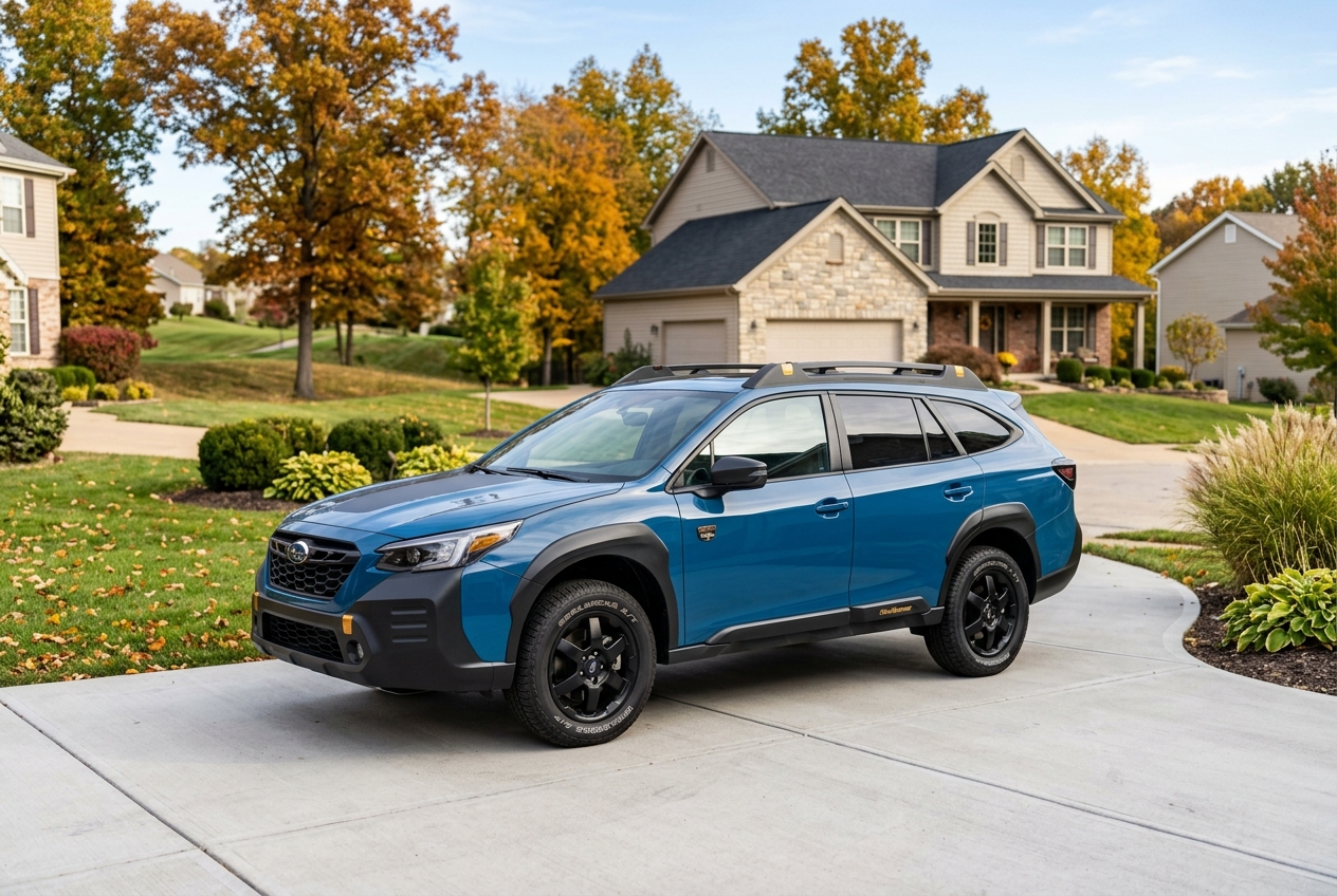 Blue Subaru Outback Wilderness parked on a concrete driveway in front of a house during autumn. (Representative image for illustration purposes only. Actual vehicle may vary based on trim and configuration.)