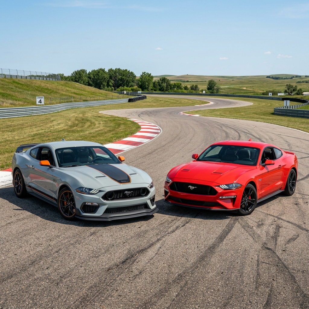 A gray Ford Mustang Mach 1 and a red Ford Mustang parked on an asphalt racetrack curve on a sunny day. (Representative image for illustration purposes only. Actual vehicle may vary based on trim and configuration.)