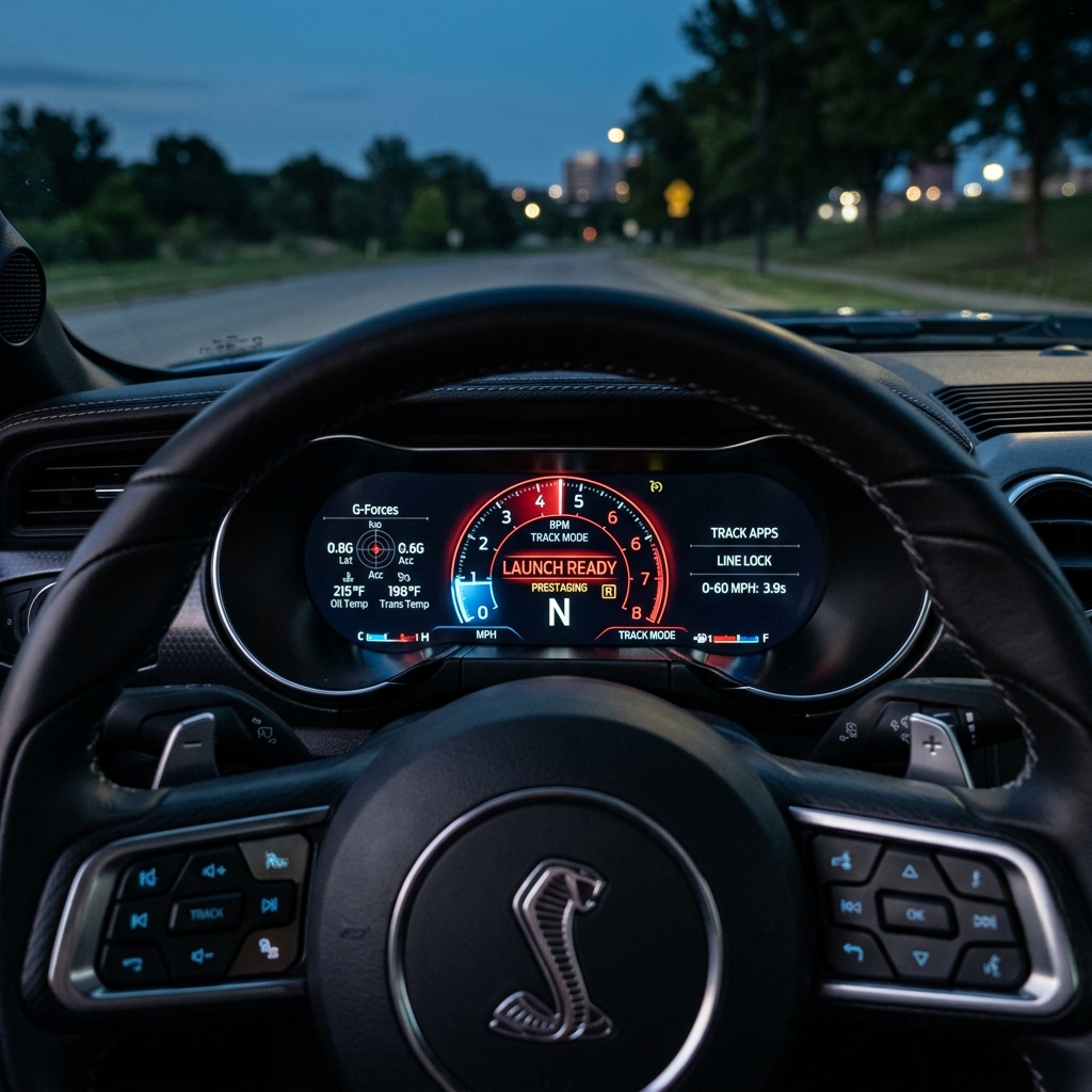 Driver's view of a Shelby Mustang digital dashboard illuminated with launch control ready display at dusk. (Representative image for illustration purposes only. Actual vehicle may vary based on trim and configuration.)