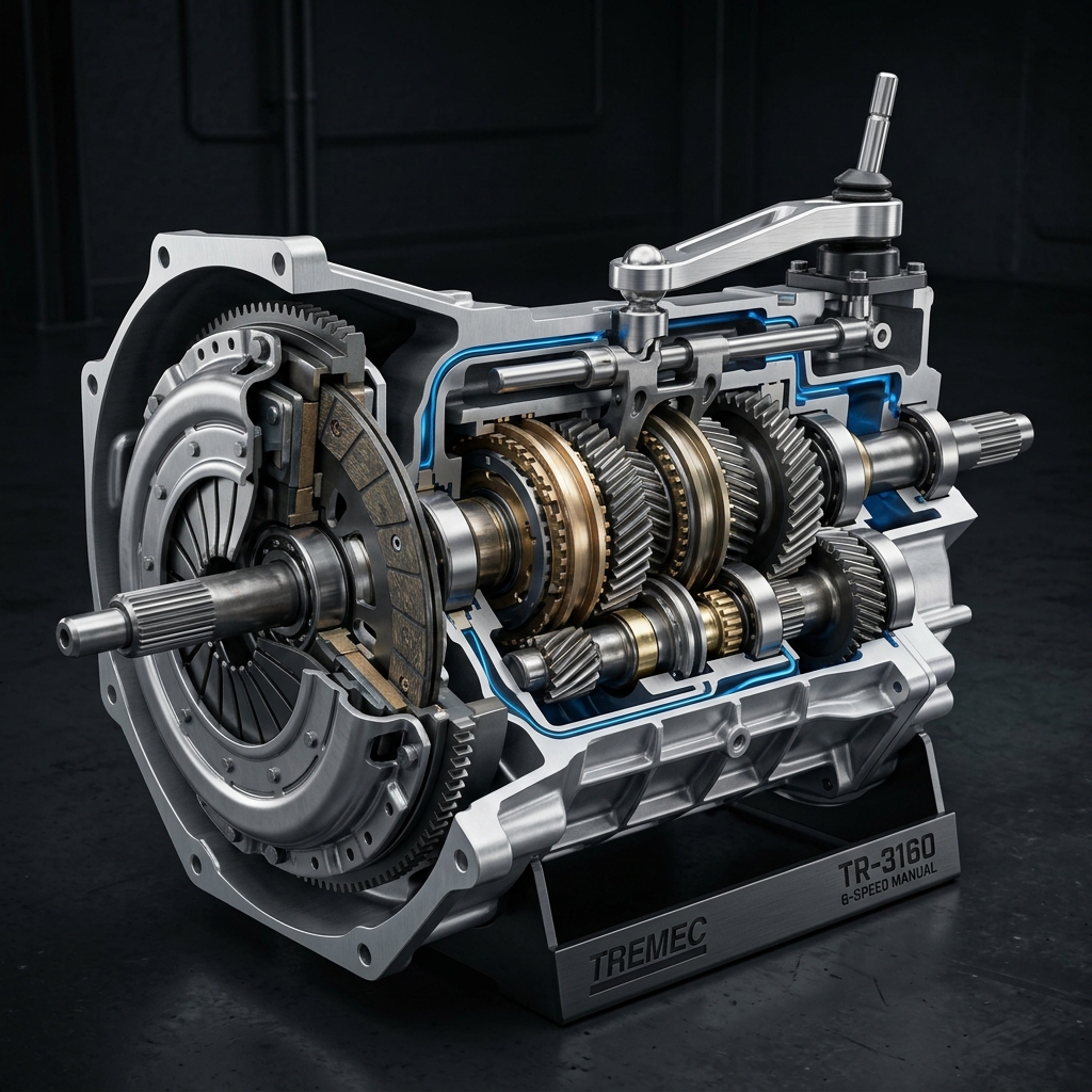 Cutaway view of a TREMEC TR-3160 6-speed manual transmission showing internal gears, clutch, and shift linkage. (Representative image for illustration purposes only. Actual vehicle may vary based on trim and configuration.)