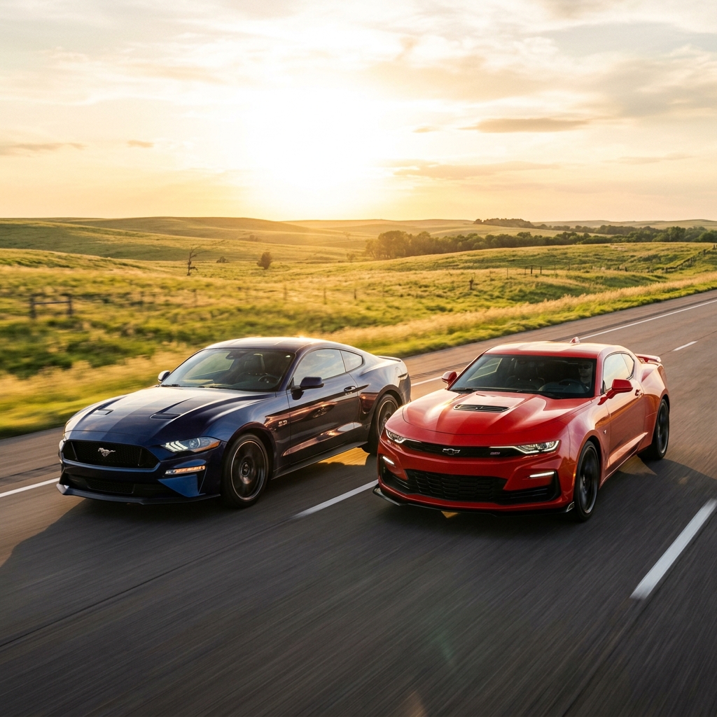 A blue Ford Mustang GT and a red Chevrolet Camaro drive side-by-side on a countryside highway at sunset. (Representative image for illustration purposes only. Actual vehicle may vary based on trim and configuration.)