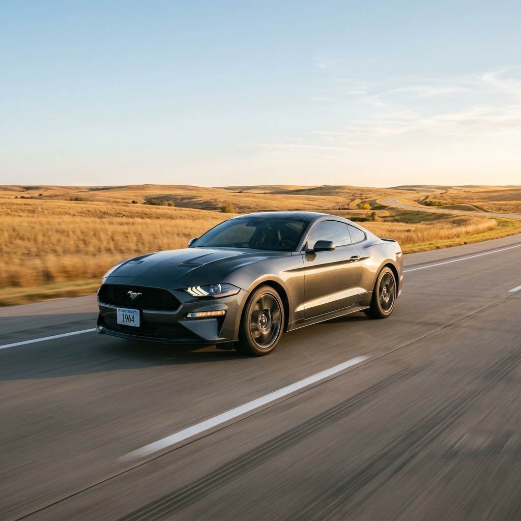 Gray Ford Mustang driving down an open highway through golden rolling hills at sunset. (Representative image for illustration purposes only. Actual vehicle may vary based on trim and configuration.)
