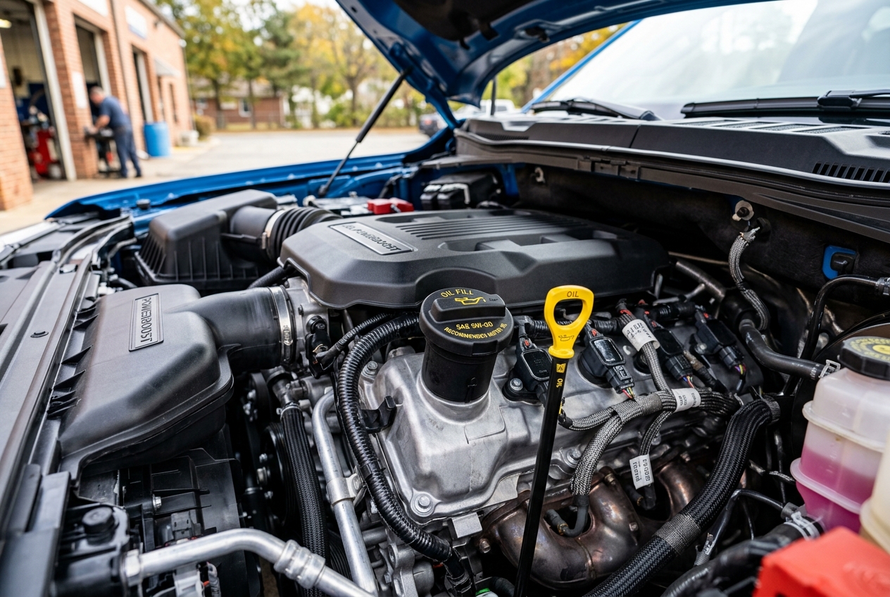 Close-up view of a Ford PowerBoost engine bay highlighting the yellow oil dipstick and oil fill cap. (Representative image for illustration purposes only. Actual vehicle may vary based on trim and configuration.)