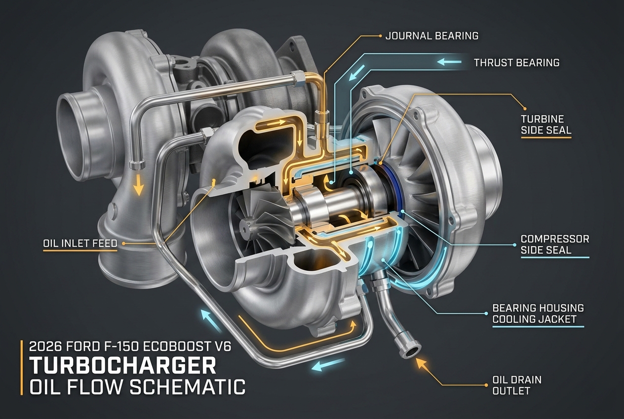 Cutaway diagram of a 2026 Ford F-150 EcoBoost V6 turbocharger showing internal oil and coolant flow paths. (Representative image for illustration purposes only. Actual vehicle may vary based on trim and configuration.)