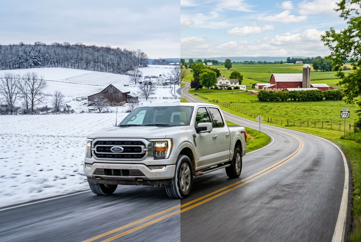 Split image of a white Ford F-150 truck driving on a country road divided between winter snow and summer green fields. (Representative image for illustration purposes only. Actual vehicle may vary based on trim and configuration.)