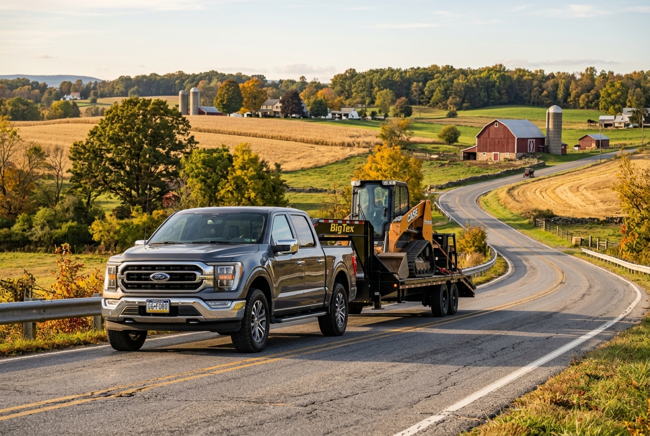 Grey Ford F-150 pickup truck towing a heavy-duty trailer with construction equipment along a scenic rural road. (Representative image for illustration purposes only. Actual vehicle may vary based on trim and configuration.)