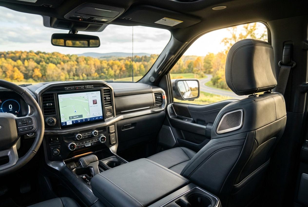 Black leather pickup truck interior with a central touch screen, digital dashboard, and scenic outdoor view. (Representative image for illustration purposes only. Actual vehicle may vary based on trim and configuration.)
