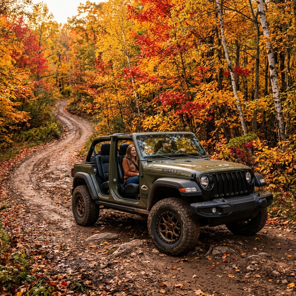 Olive green doorless Jeep Wrangler driving down a dirt path surrounded by colorful autumn foliage. (Representative image for illustration purposes only. Actual vehicle may vary based on trim and configuration.)