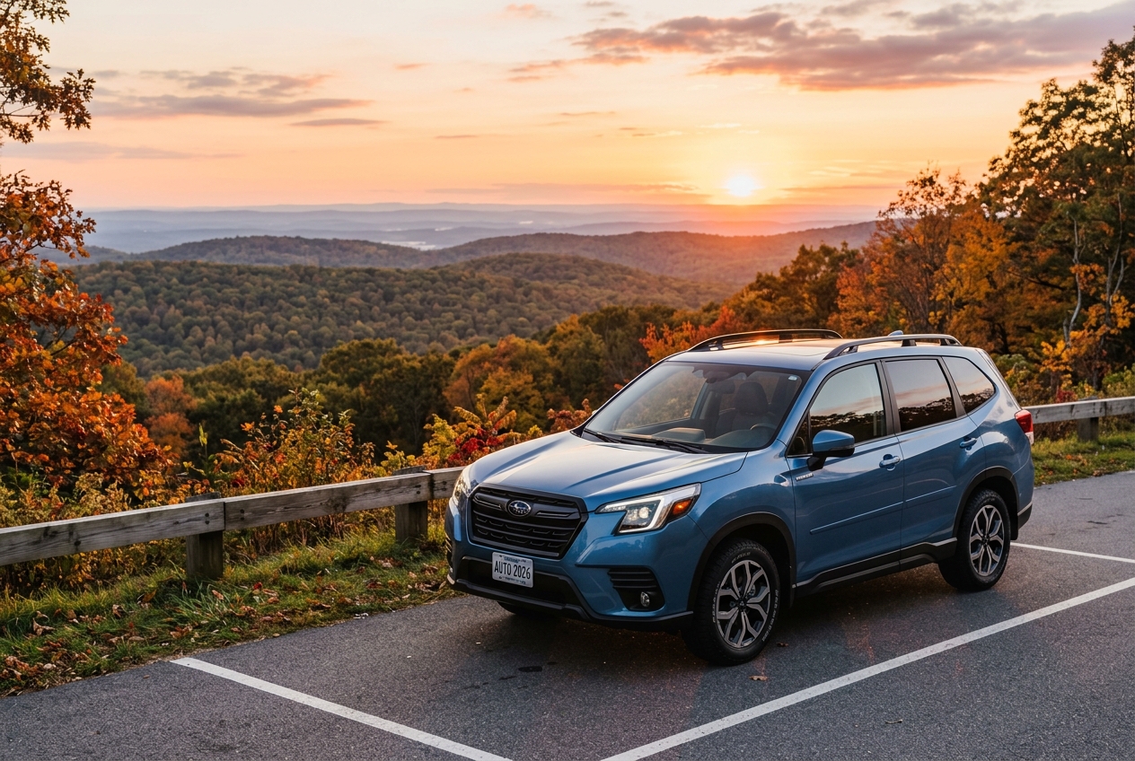 Blue Subaru SUV parked at a scenic mountain overlook during a warm autumn sunset. (Representative image for illustration purposes only. Actual vehicle may vary based on trim and configuration.)