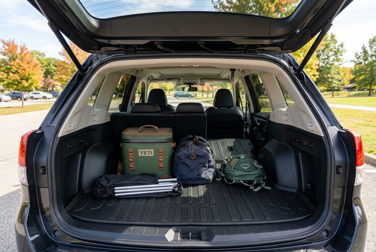 Open trunk of a Subaru SUV loaded with a green Yeti cooler, duffel bag, backpack, and folded camp chair. (Representative image for illustration purposes only. Actual vehicle may vary based on trim and configuration.)
