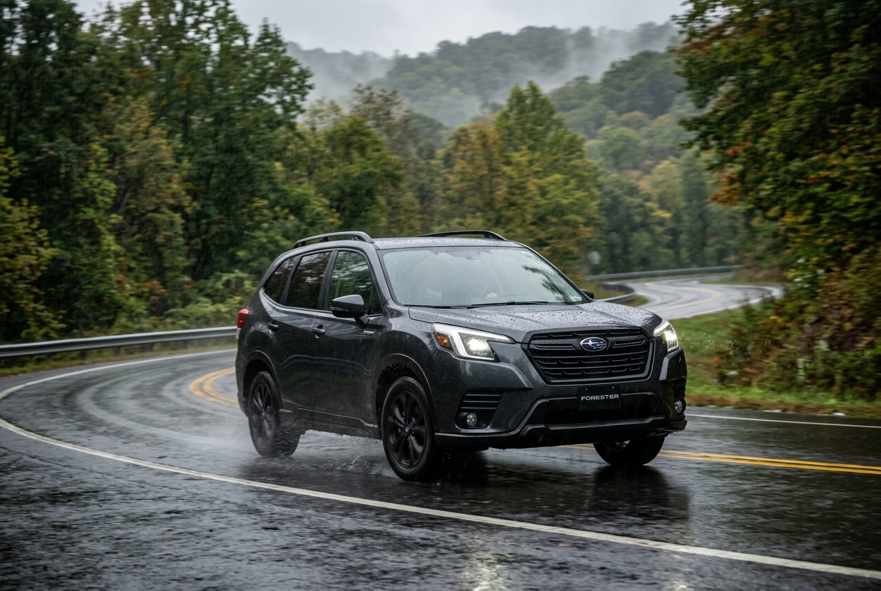 Dark grey Subaru Forester rounding a curve on a wet, rainy mountain road with headlights on. (Representative image for illustration purposes only. Actual vehicle may vary based on trim and configuration.)