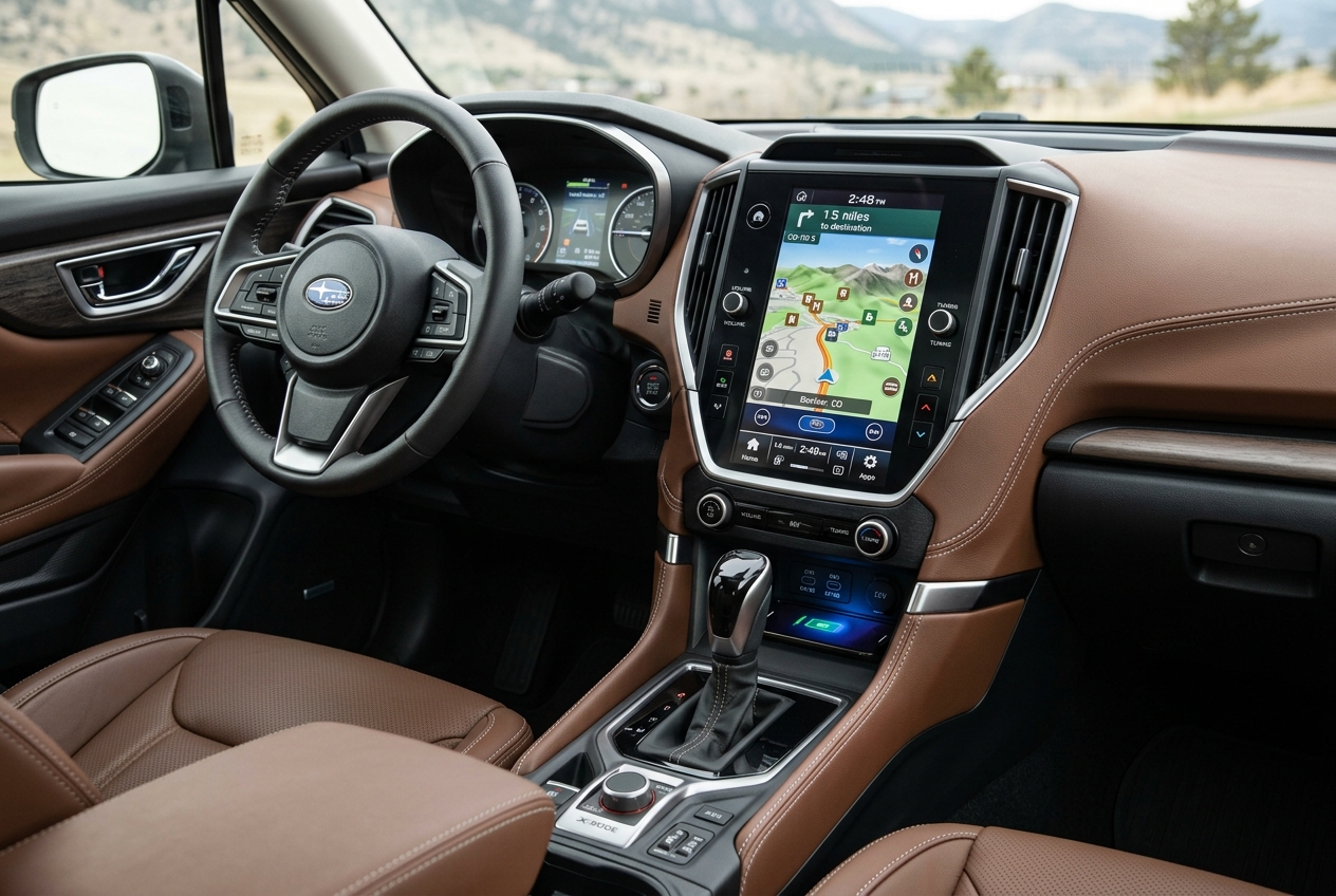 Interior of a Subaru vehicle featuring a brown leather dashboard, modern digital infotainment system, and steering wheel. (Representative image for illustration purposes only. Actual vehicle may vary based on trim and configuration.)