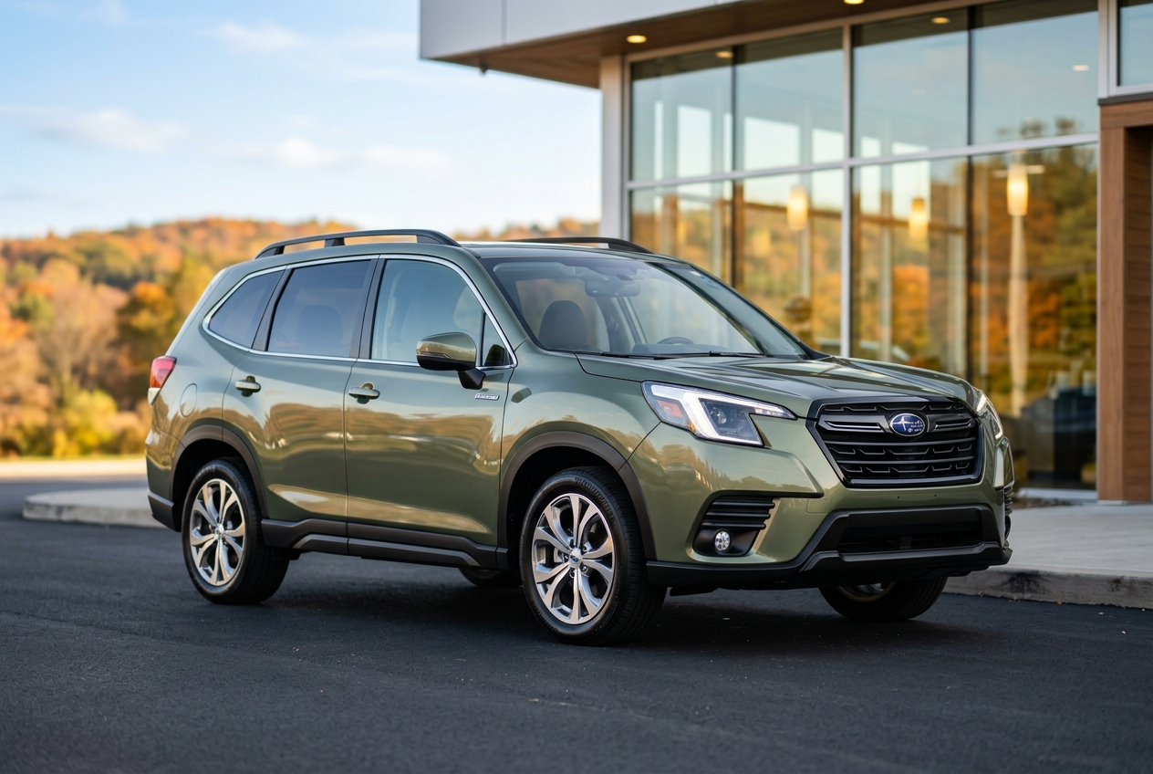 Olive green Subaru Forester SUV parked outside a glass dealership building with autumn trees in the background. (Representative image for illustration purposes only. Actual vehicle may vary based on trim and configuration.)