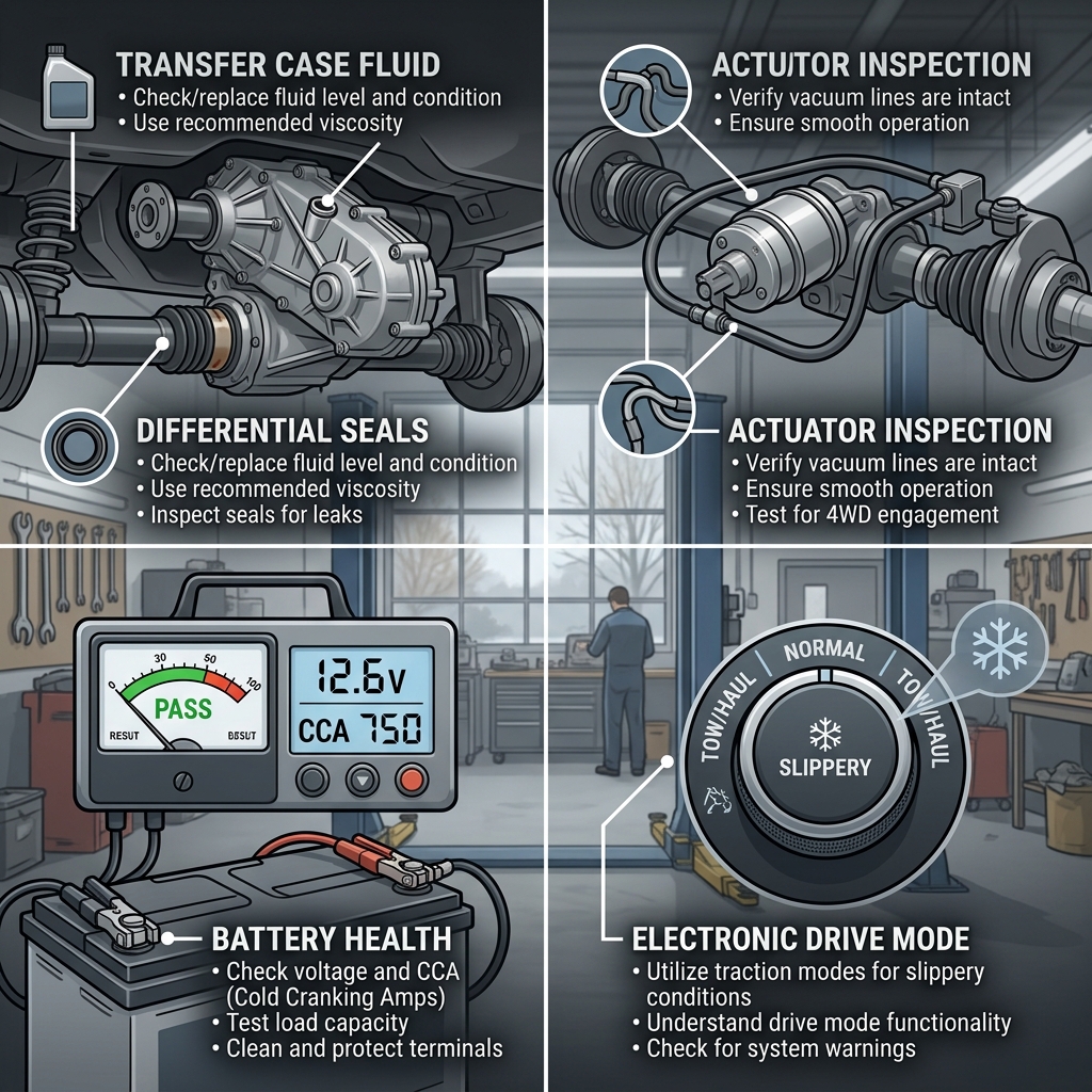 Infographic detailing four-wheel drive maintenance including transfer case fluid, actuator, battery, and drive modes. (Representative image for illustration purposes only. Actual vehicle may vary based on trim and configuration.)