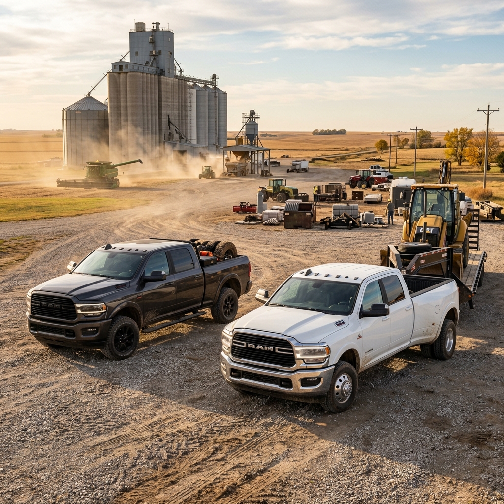 Two Ram heavy-duty pickup trucks parked in a gravel yard near a large grain elevator on a farm. (Representative image for illustration purposes only. Actual vehicle may vary based on trim and configuration.)