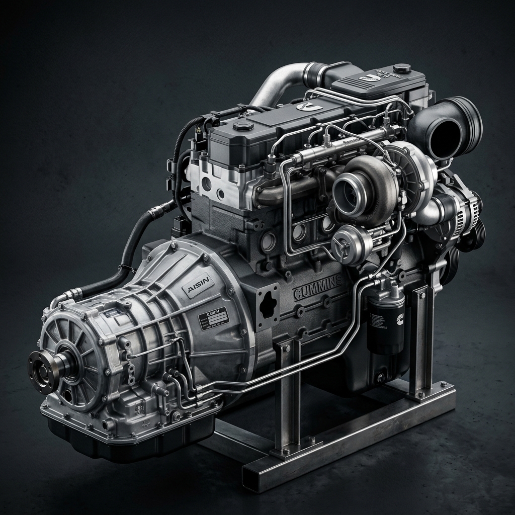 A Cummins diesel engine mounted with an AISIN transmission on a steel stand against a dark studio background. (Representative image for illustration purposes only. Actual vehicle may vary based on trim and configuration.)