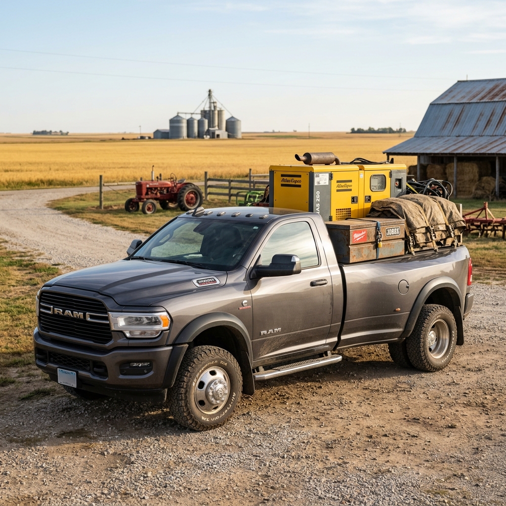 A dark gray RAM dually pickup truck loaded with an air compressor and toolboxes parked on a farm driveway. (Representative image for illustration purposes only. Actual vehicle may vary based on trim and configuration.)